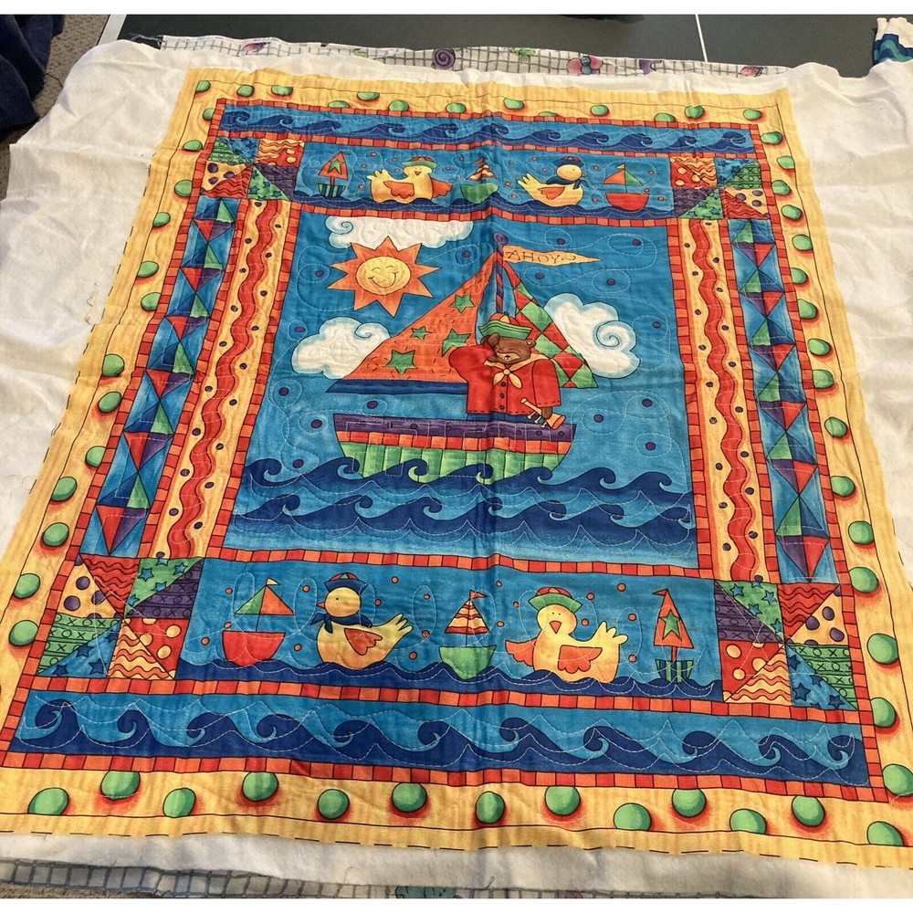 Vintage Quilted Fabric Material Bear Nautical Duck Ahoy Baby Crib Bedding NEW